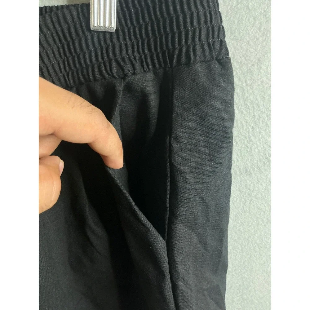 Black Linen Blend‎ Crossover V-Waist Relaxed Shorts Plus Size 1X